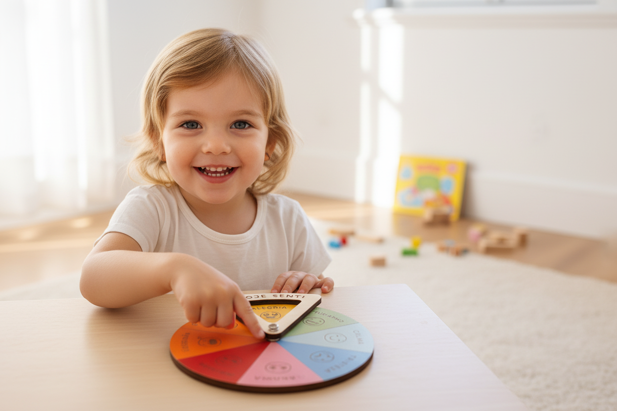 Criança a interagir com a roda das emoções