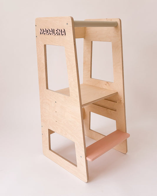 Torre de aprendizagem personalizável, brinquedo educativo em madeira com nome gravado para crianças.
