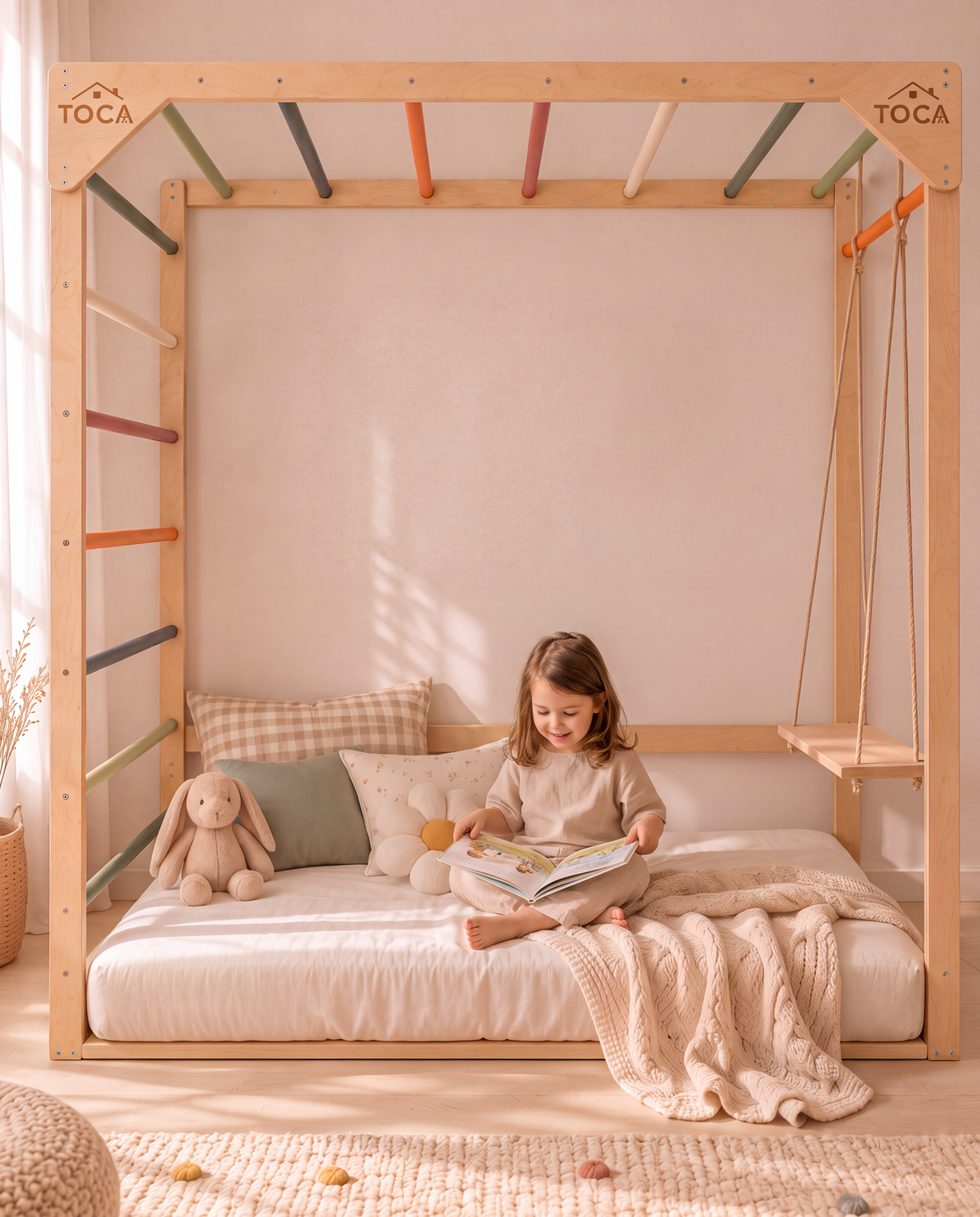 Cama de chão Toca em madeira com espaldar colorido e baloiço, num quarto infantil luminoso