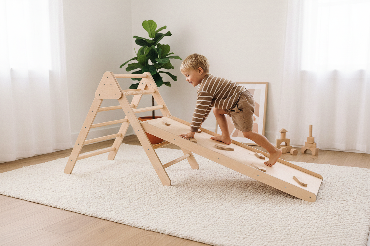 Criança a brincar na Rampa Escalada em sala de estar