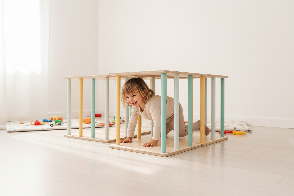 Criança a brincar no túnel Pikler