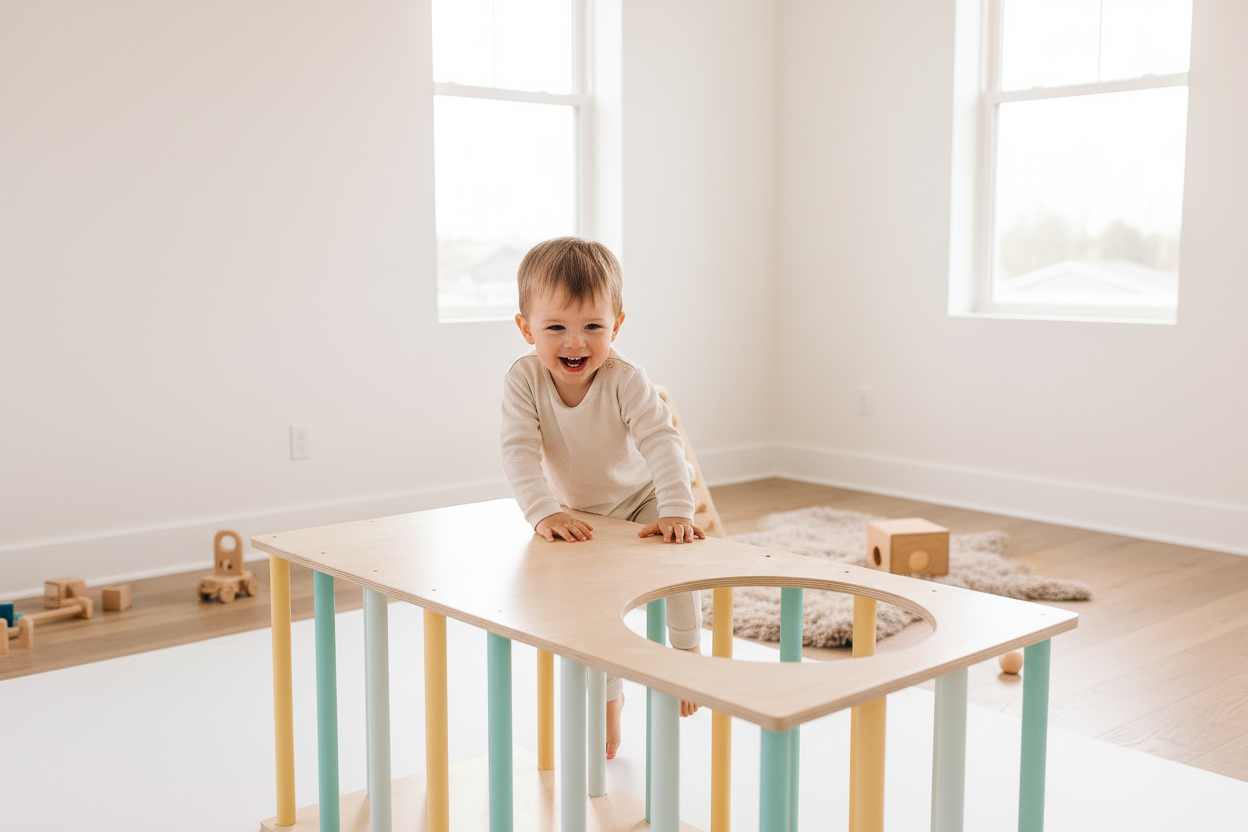 Criança a explorar o túnel Pikler