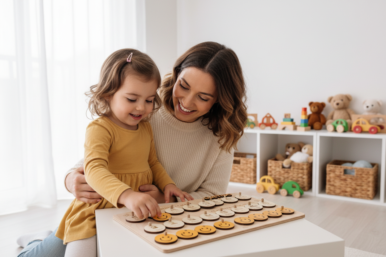 Mãe e filha com quadro de tarefas smiles e brinquedos