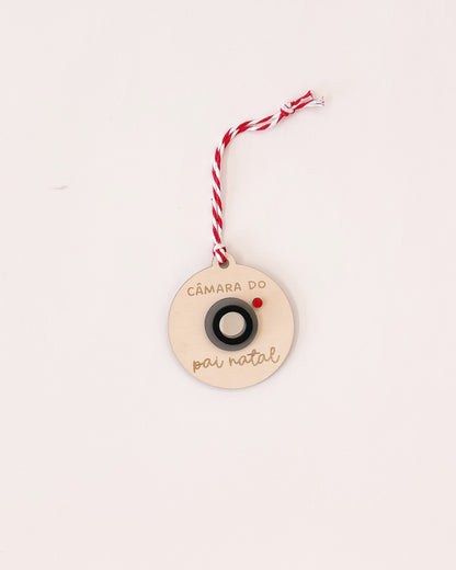 Pendente decorativo em forma de câmara para o Pai Natal, com fundo espelhado.