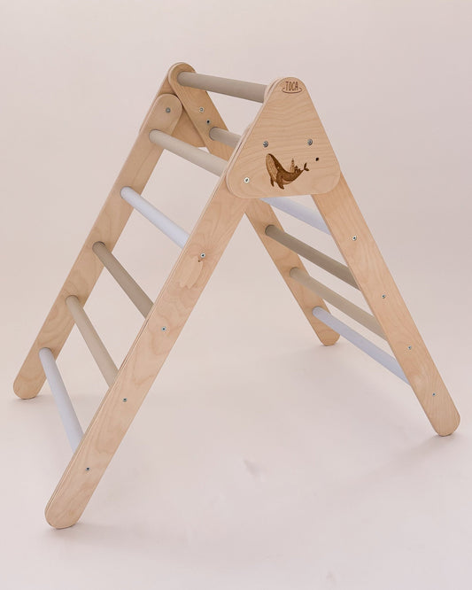 Brinquedo Pikler em madeira com cores, para motricidade, equilíbrio e aprendizagem ativa.